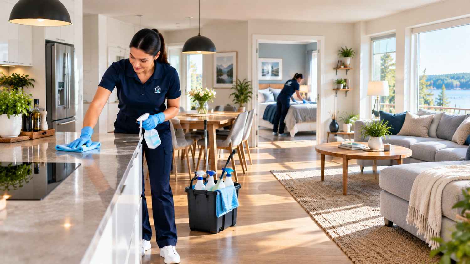 Professionell städare rengör en modern lägenhet i Sverige